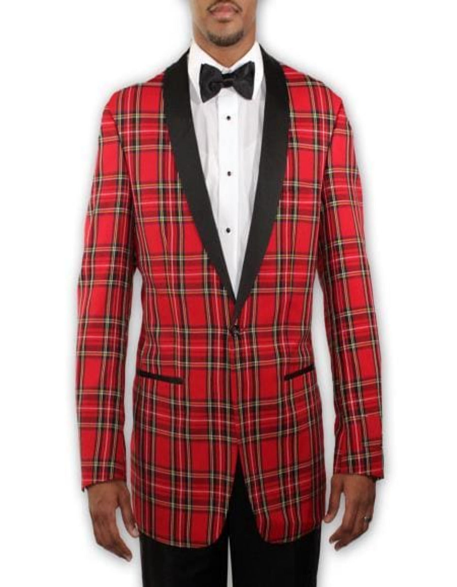 Big and Tall Plait Sport Coat - Windowpane Checkered Scottish English Pattern Party Blazer in Color Red Tartan 1   - from alligatorwarehouse.com