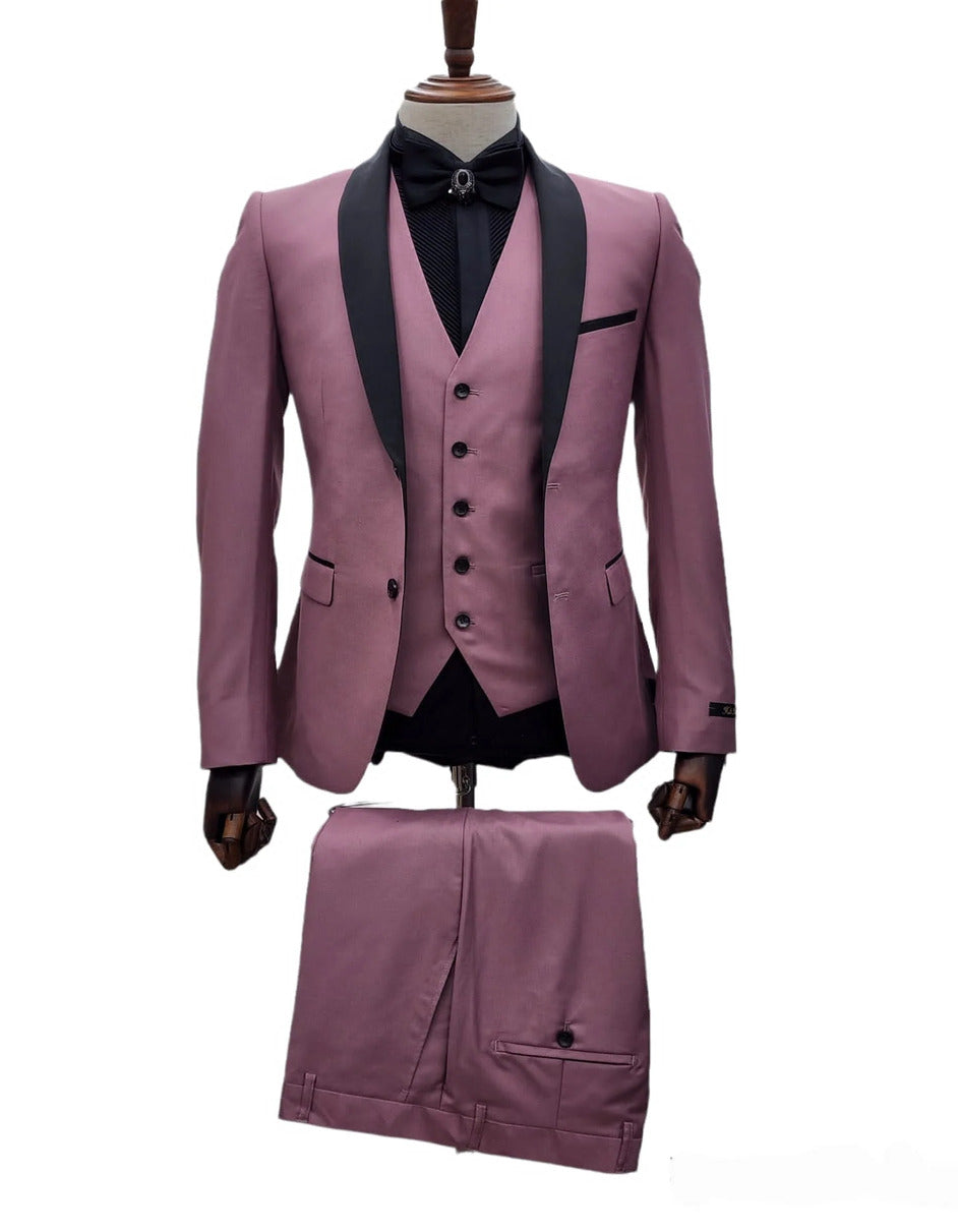 Men's Mauve Pink Tuxedo Suit ƒ?? 3-Piece Slim Fit with Black Satin Shawl Lapel