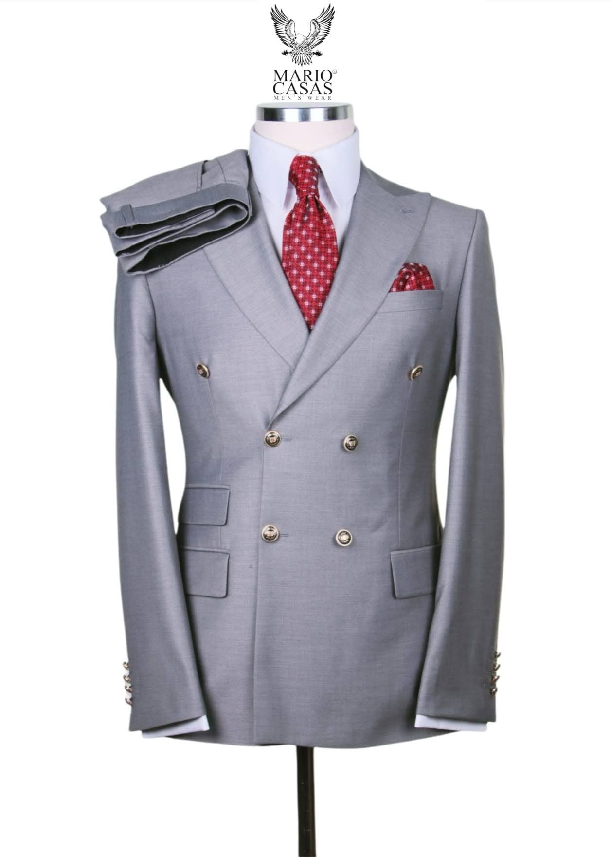 Mens Light Grey Double-Breasted Suit – Classic Slim Fit Business and Wedding Formal Attire