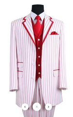Men’s 1920s White and Red Pinstripe Zoot Suit with Fedora Hat and Wingtip Shoes – Vintage Gangster 3-Piece New Year Holiday Christmas Suit