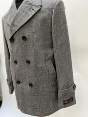 Mens Grey Plaid Double-Breasted Overcoat with Black Faux Fur Collar – Classic Winter Peacoat