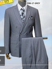 Mens Grey Tone on Tone Double-Breasted Suit – Classic Slim Fit 2 Piece Formal Business Gray Shadow Stripe