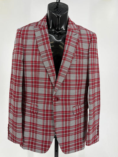 Men's Red Tartan Plaid Blazer Checkered Sport Coat Holiday New Year Gray Windowpane