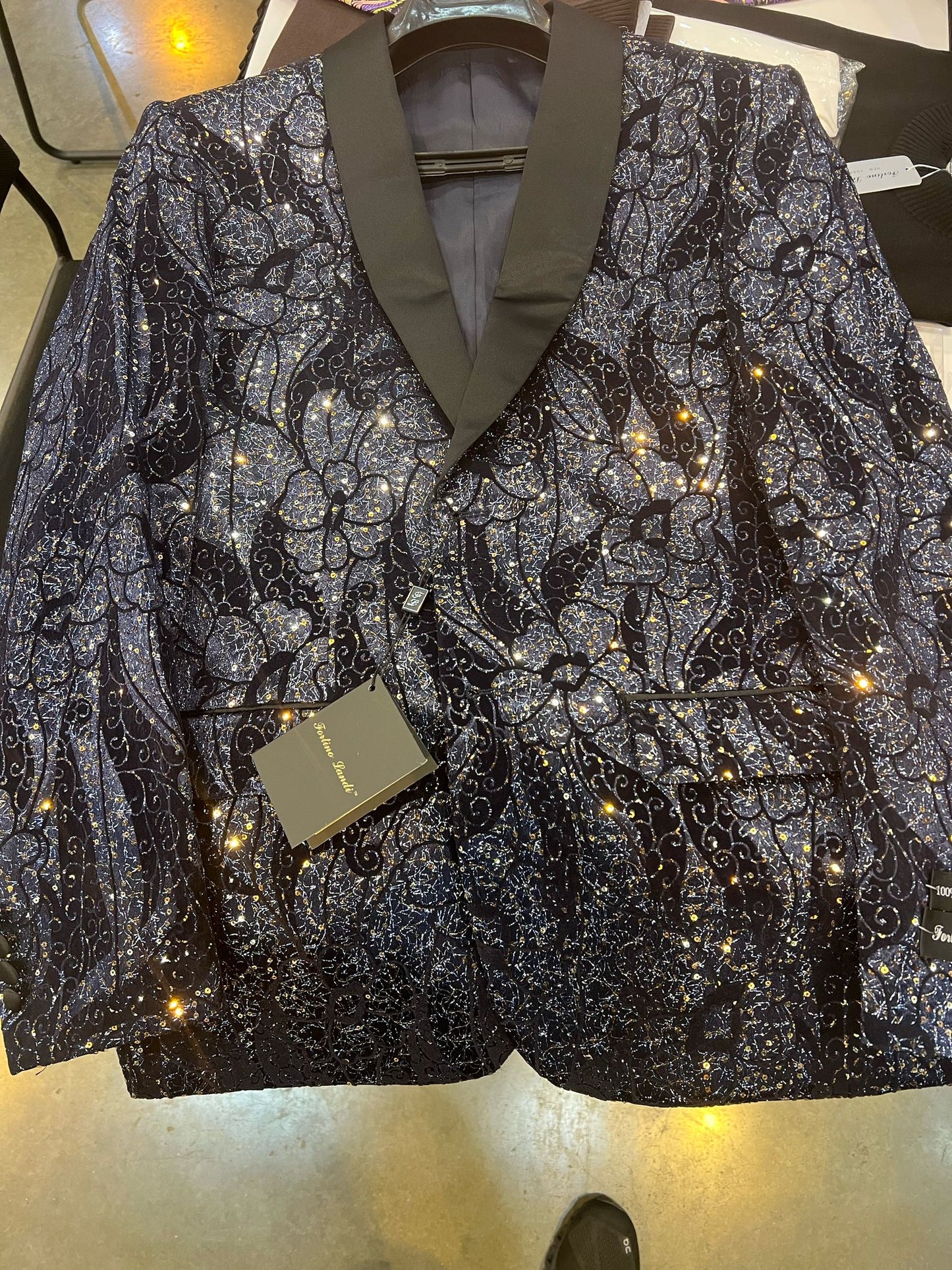 Mens Navy Black Glitter Floral Tuxedo Dinner Jacket with Satin Lapel- Blue Blazer Sequin Fabric