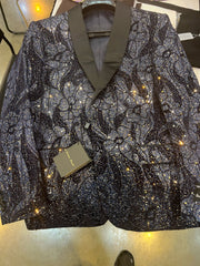 Mens Navy Black Glitter Floral Tuxedo Dinner Jacket with Satin Lapel- Blue Blazer Sequin Fabric