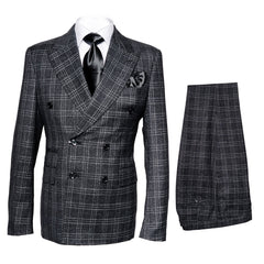 Men’s Charcoal Plaid Double-Breasted Suit – Tailored Pants Windowpane Pattern By Rossiman