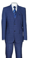Mens Indigo Navy Blue Windowpane Check Suit – Classic 2-Piece Formal Business and Wedding Wear Set in Cobalt Blue