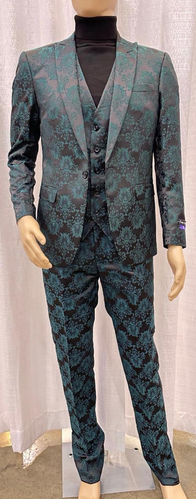 Men’s Emerald Green Floral Jacquard 3-Piece Tuxedo Suits – Slim Fit Formal Set with Blazer, Vest, and Pants Paisley Fabric - Ultra slim fitted