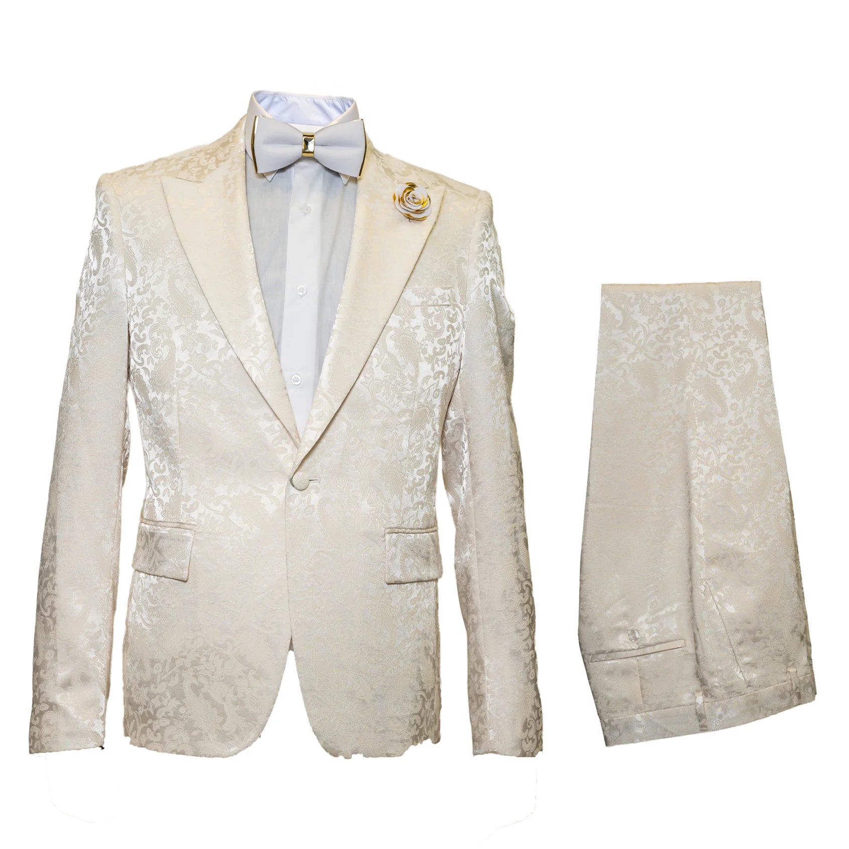 Men’s Champaign Ivory  Jacquard Paisley Tuxedo Suit with Satin Shawl Lapel – Elegant Wedding and Prom Outfit By Rossiman 6   - from alligatorwarehouse.com