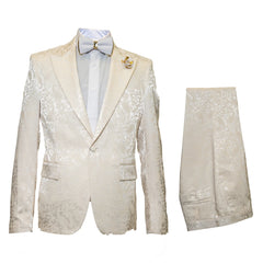 Men’s Champaign Ivory  Jacquard Paisley Tuxedo Suit with Satin Shawl Lapel – Elegant Wedding and Prom Outfit By Rossiman