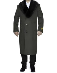 Mens Full Length Olive Overcoat with Black Fur Collar – Luxury Wool Fabric Winter Long Coat in Hunter Green