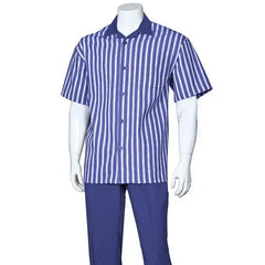 Men’s Blue and White Vertical Stripe Short Sleeve Shirt Set – Casual Summer Two-Piece Outfit
