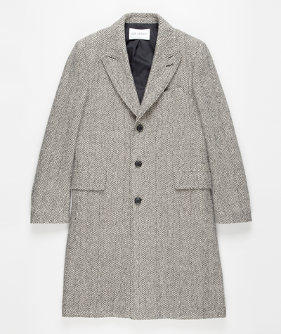 Men’s Grey Herringbone Long Overcoat – Tweed Black and White Pattern Wool Topcoat Three Qaurter