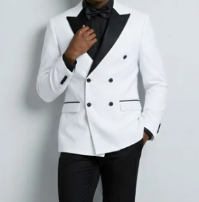 Men's White Double Breasted Tuxedo Dinner Jacket with Black Satin Peak Lapel – Formal Wedding Prom Blazer