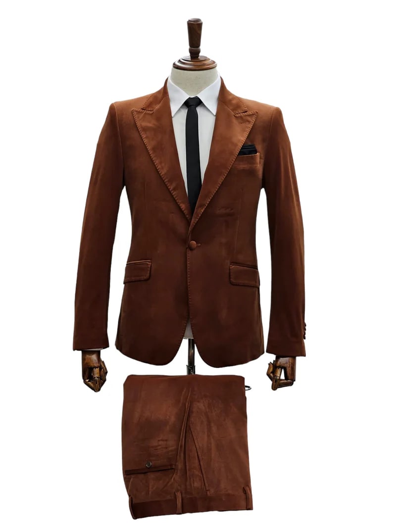 Mens Brown Velvet 2-Piece Suit – Luxury Slim Fit Formal Blazer and Pants Set in Rust Copper Color 1   - from alligatorwarehouse.com
