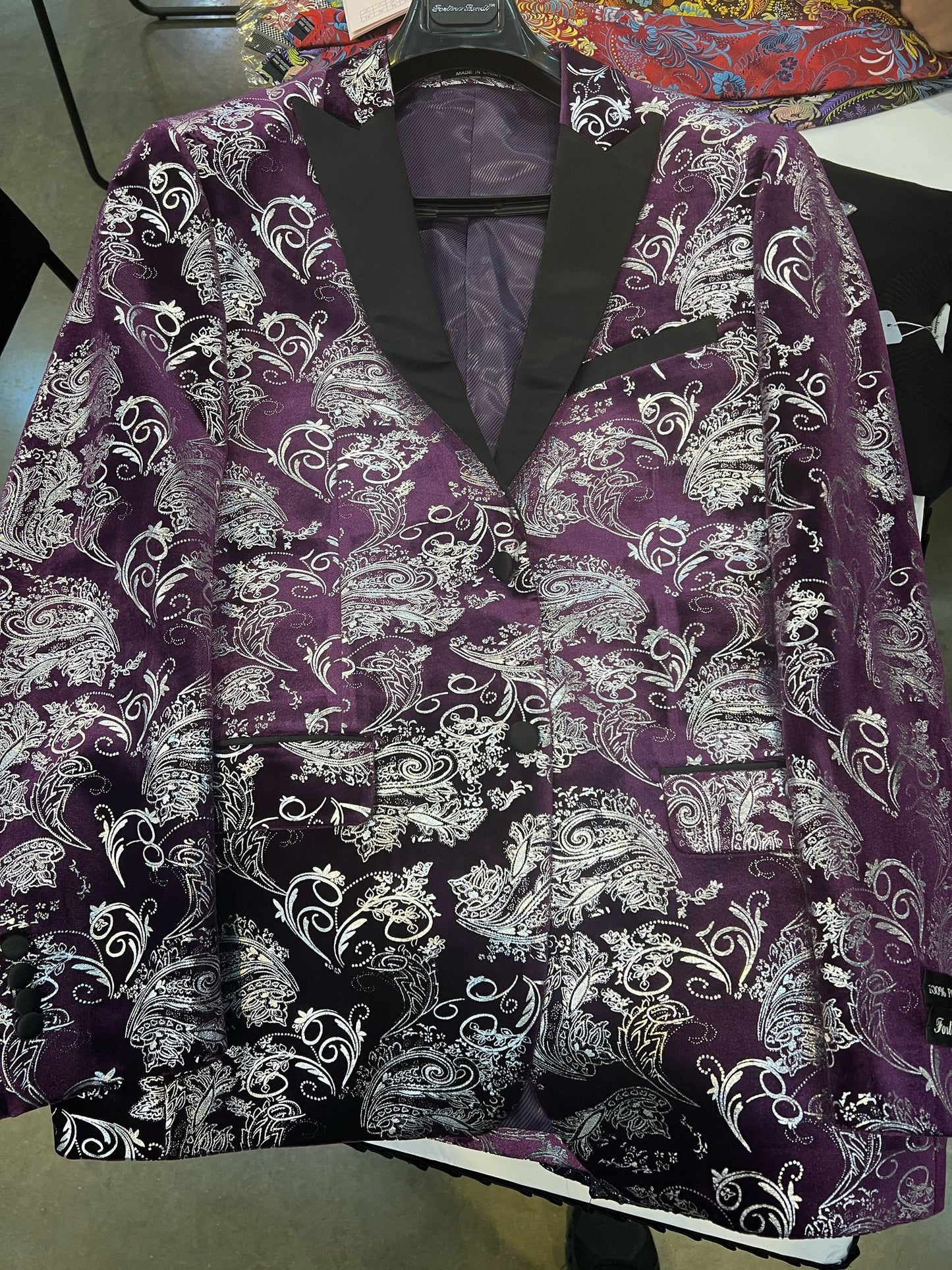 Mens Purple and White Paisley Floral Brocade Tuxedo Jacket - Suit with Satin Lapel Wtih Black Pants