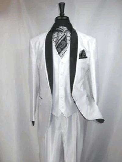 Men’s White Shiny Flashy Fabric Tuxedo Suit with Black Shawl Lapel | Luxury Formal Wedding and Evening Suits Sharkskin Metallic Fabric