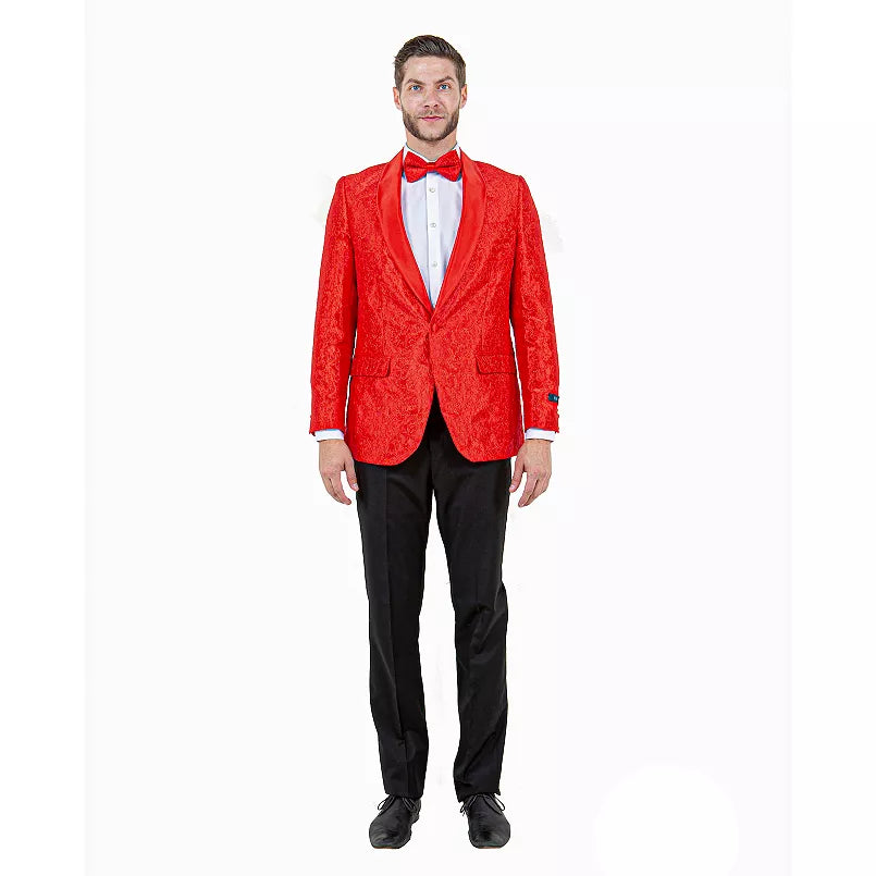Big and Tall Mens Red Paisley Tuxedo Jacket – Satin Shawl Lapel Blazer with Bow Tie - Christmas Jacket 1   - from alligatorwarehouse.com