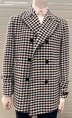 Mens Houndstooth Double-Breasted Overcoats – Classic Black and White Wool Blend Peacoat Wool Fabric