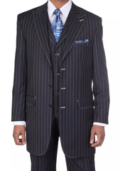 Men’s Three Button Suits - Navy Blue Pinstripe Three-Piece Suit – Classic Business and Formal Wear with Tailored Fit