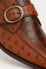 Mezlan Men's Genuine Full Quill Ostrich Leg Monk Brown Strap Shoes