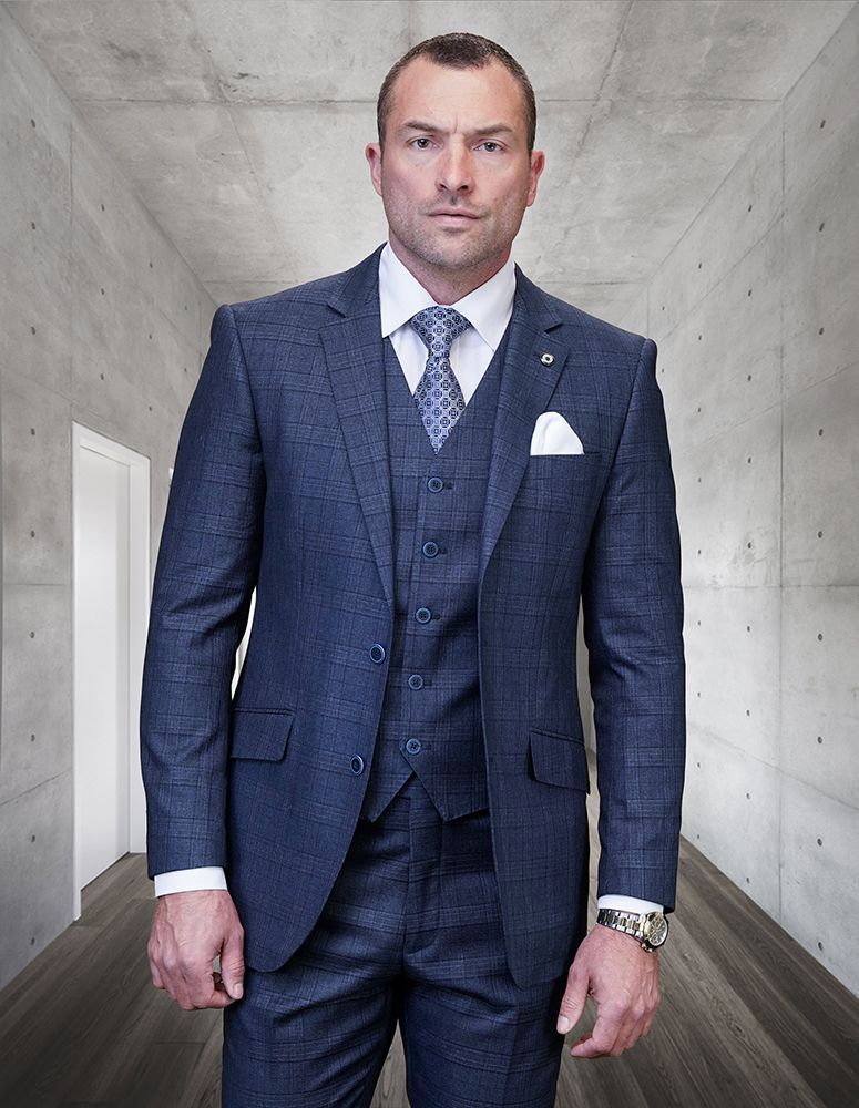 Men's 3-Piece 100% Wool Plaid Suit Modern Fit Fashionable