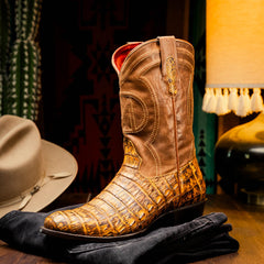 Marco Di Milano Phoenix Mustard Brown Caiman Crocodile Round Toe Cowboy Boots
