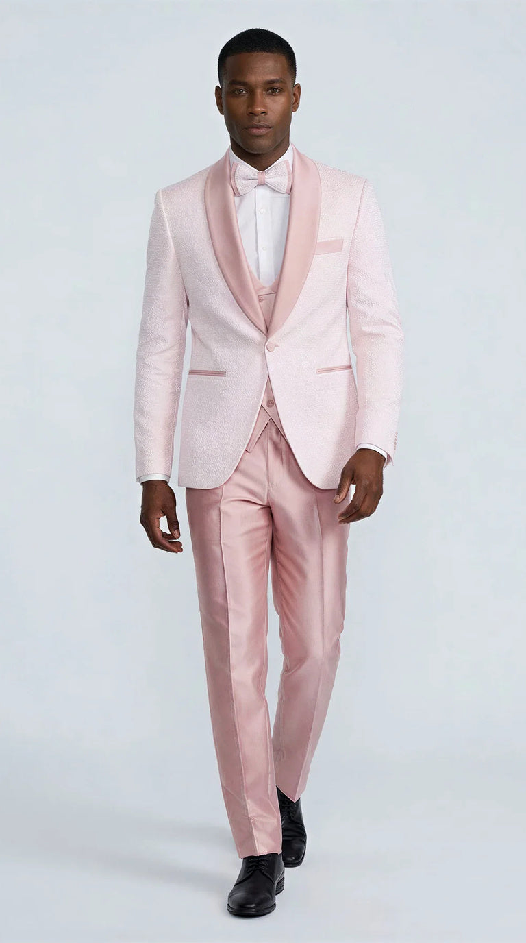 Pink Patterned Tuxedo Set with Shawl Lapel – Wedding & Prom