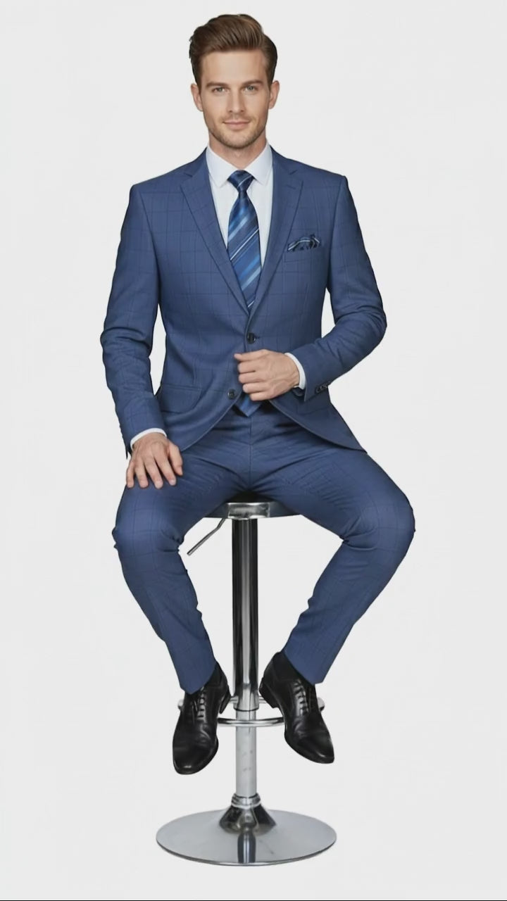 Mens Indigo Navy Blue Windowpane Check Suit – Classic 2-Piece Formal Business and Wedding Wear Set in Cobalt Blue
