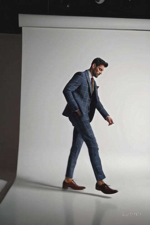 Rossiman Suits Brand - Plaid Textured Double breasted Style - Windowpane Pattern in Color Navy and Gray