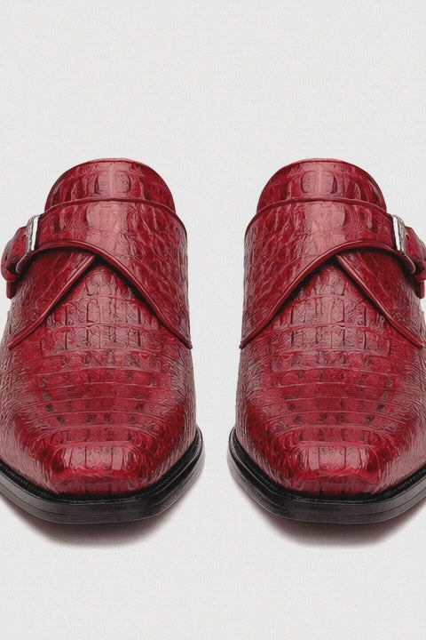 Marco Di Milano Luigi Wine Caiman Crocodile Monk Strap Dress Shoes