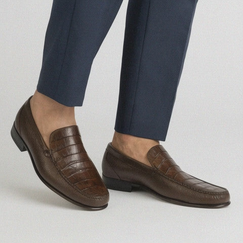 Men’s Brown Genuine Crocodile and Calfskin Leather Slip-On Dress Shoes