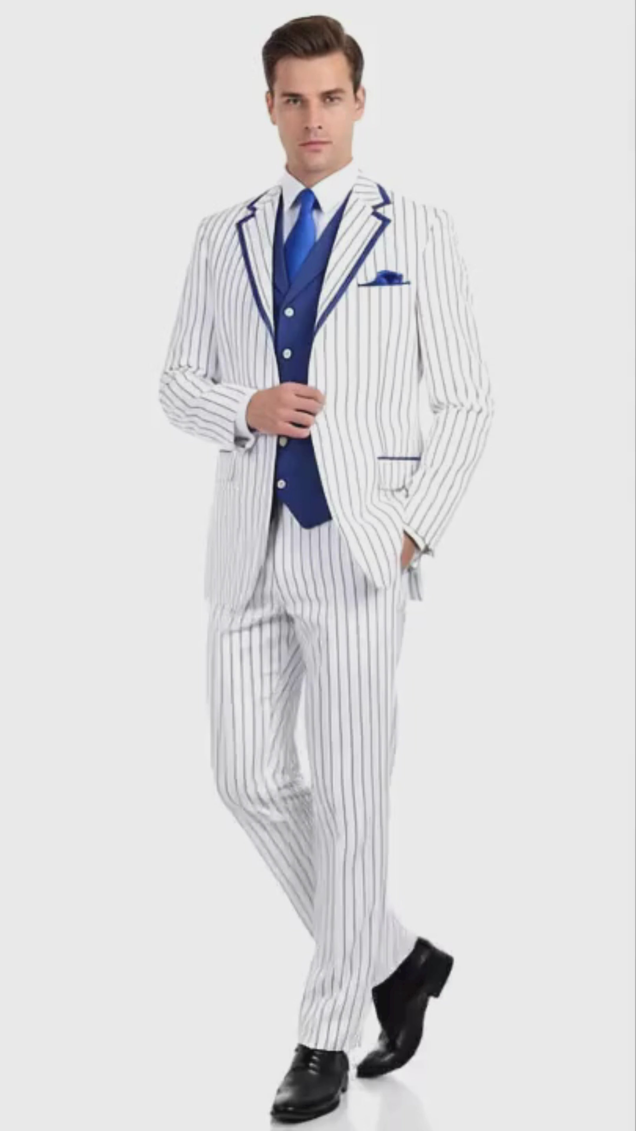 Men’s White and Royal Blue Pinstripe 3-Piece Suit – Classic Fit Blazer with Vest, Pants, and Tie