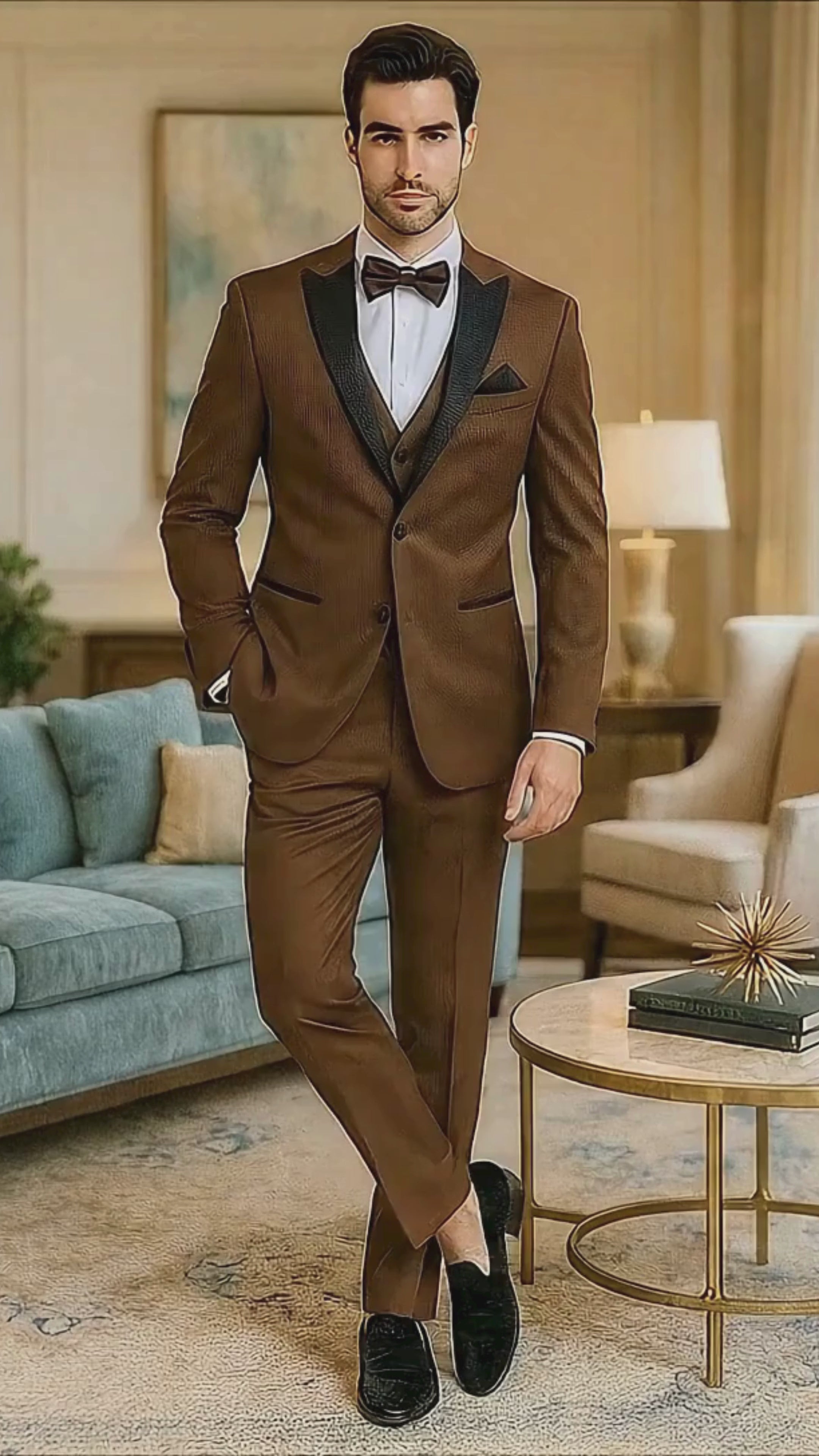 Men’s Light Brown Tuxedo Suit with Black Satin Lapel – 3 Piece Formal Wedding & Prom Outfit - Country Look