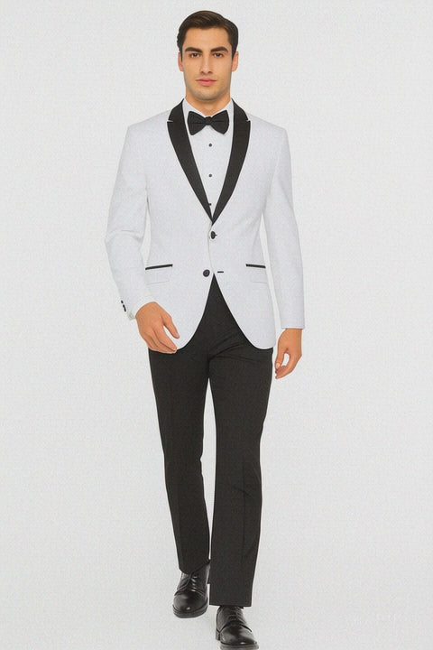 Mens 2 Buttton Slim Contrast Peak Lapel Tuxedo in White