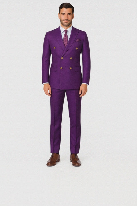 Mens Designer Modern Fit Double Breasted Wool Suit with Gold Buttons in Purple