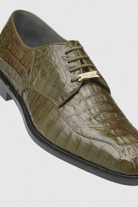 Mens Belvedere Chapo Caiman Crocodile Hornback Dress Shoe in Olive Green