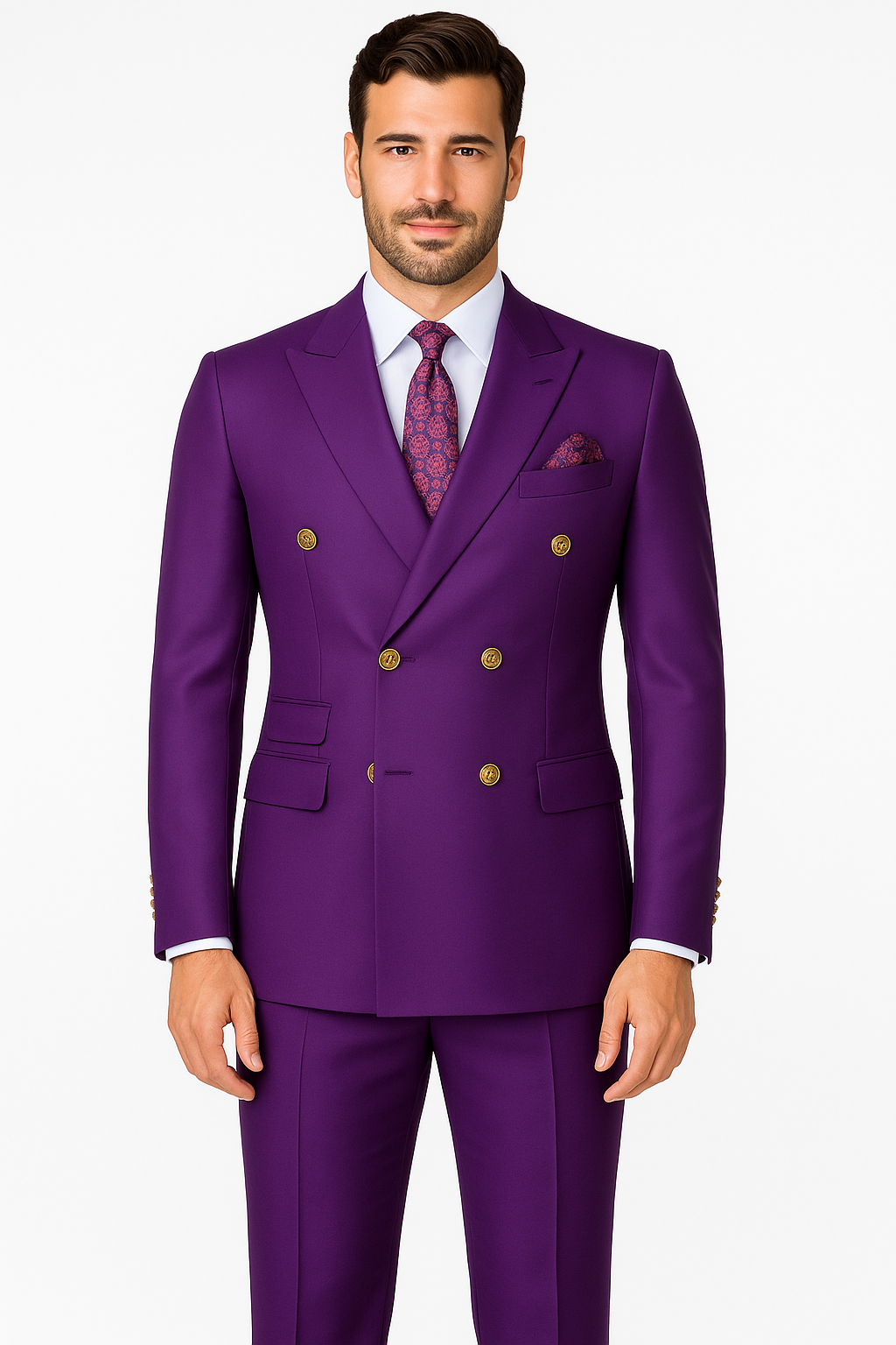 Mens Designer Modern Fit Double Breasted Wool Suit with Gold Buttons in Purple