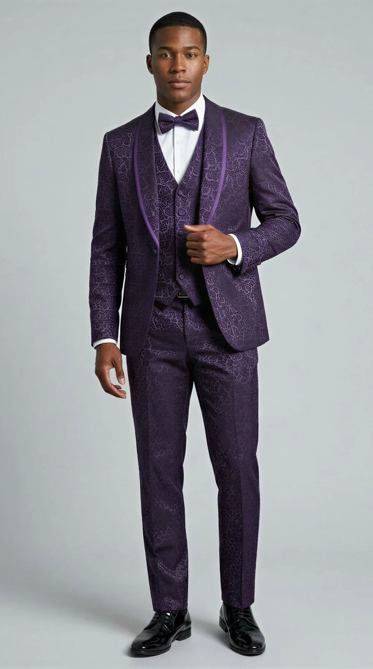 Men's Purple Floral Shawl Lapel Tuxedo Set with Satin Trim for Wedding & Prom