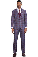 Men's Stacy Adams Bold Windowpane Plaid Print Vested Suit in Lavender & Purple