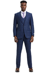 Men's Stacy Adams One Button Peak Lapel Double Breasted Vest Suit in Blue & Purple Plaid
