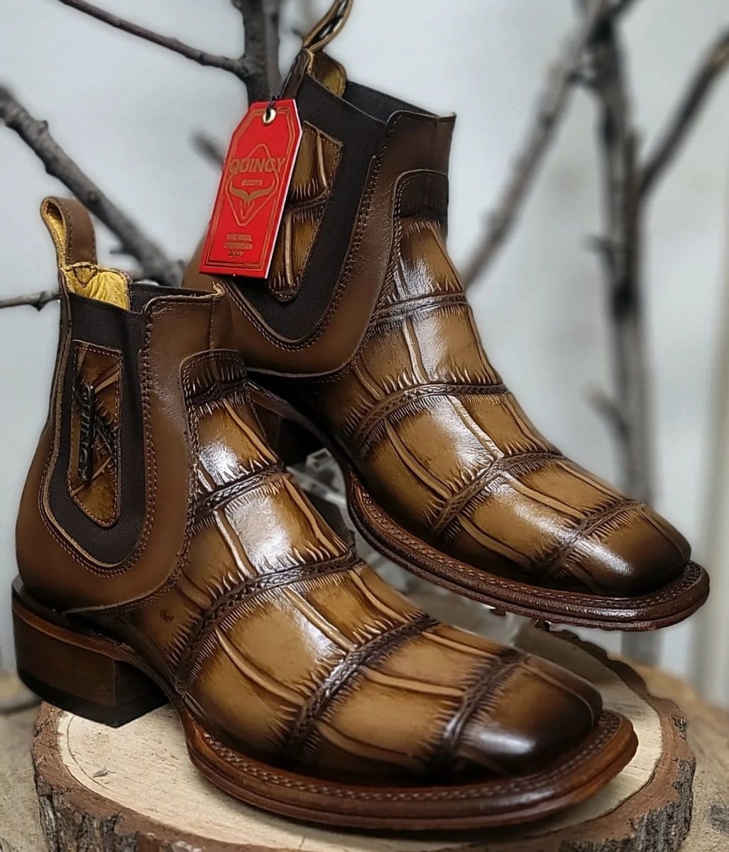 Men's Quincy Alligator Print Square Toe Ankle Boots - Tobacco 6 Q82B1759-060  - from alligatorwarehouse.com