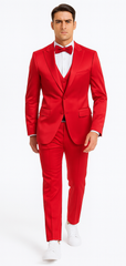 Red Satin texture double breasted vest peak lapel 3 piece skinny fit Tazzio mens suit with matching bowtie