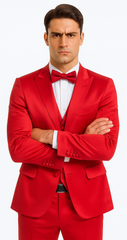 Red Satin texture double breasted vest peak lapel 3 piece skinny fit Tazzio mens suit with matching bowtie
