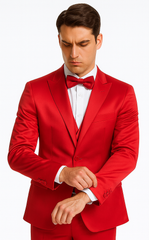 Red Satin texture double breasted vest peak lapel 3 piece skinny fit Tazzio mens suit with matching bowtie