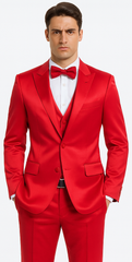 Red Satin texture double breasted vest peak lapel 3 piece skinny fit Tazzio mens suit with matching bowtie