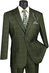 Regular Fit Olive Green Glen Plaid Three-Piece Suit