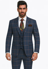 Rossiman Suits Brand - Plaid Textured Double breasted Style - Windowpane Pattern in Color Navy and Gray