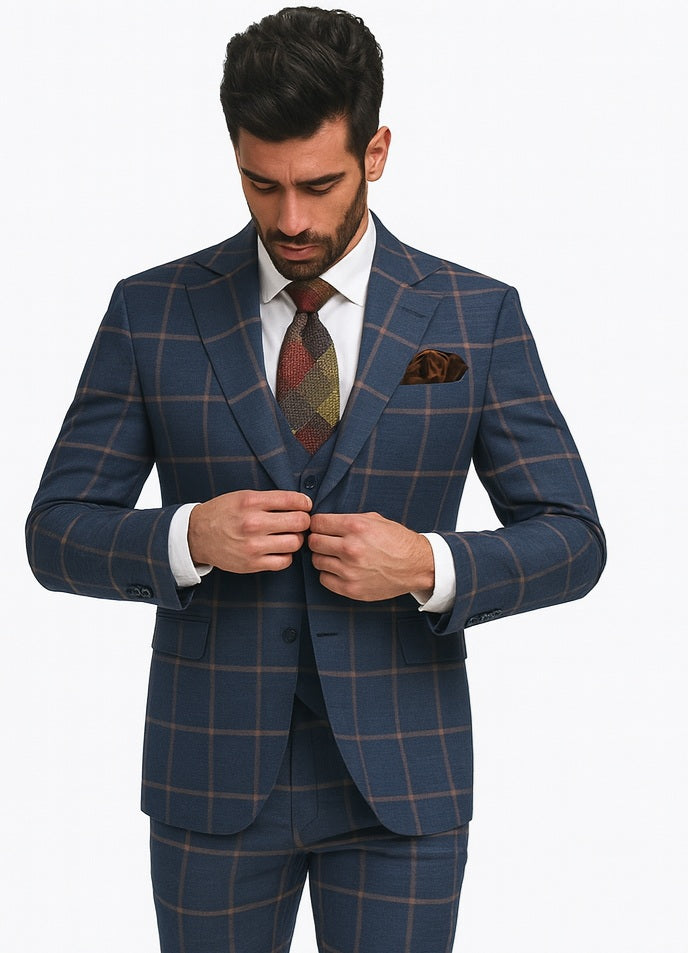 Rossiman Suits Brand - Plaid Textured Double breasted Style - Windowpane Pattern in Color Navy and Gray Rossiman Suits Brand - Plaid Textured Double breasted Style - Windowpane Pattern in Color Navy and Gray