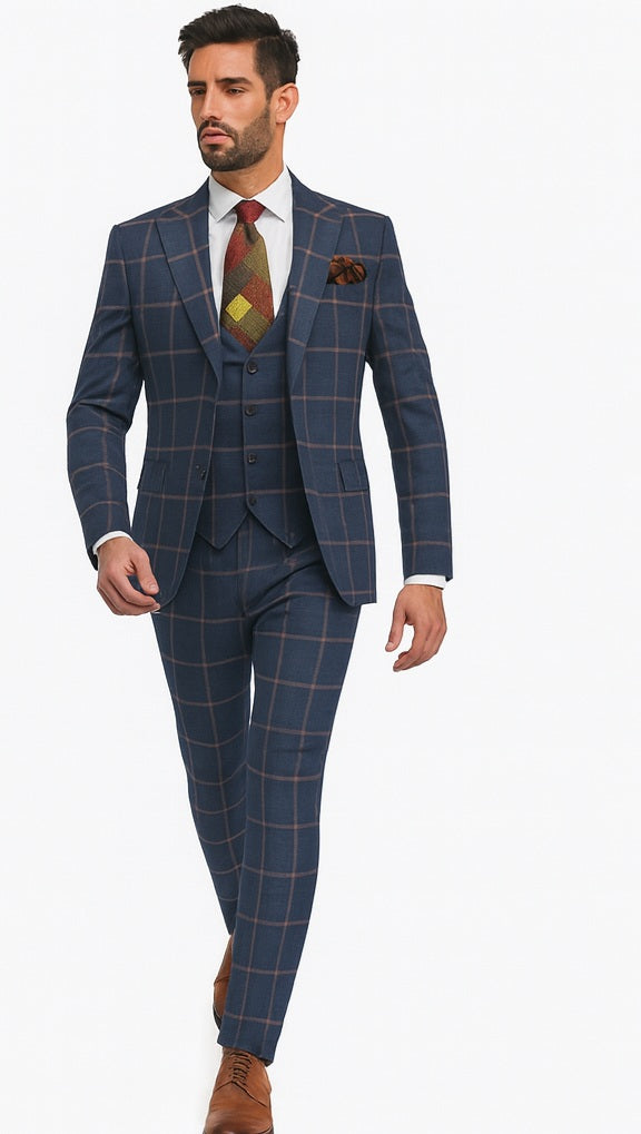 Rossiman Suits Brand - Plaid Textured Double breasted Style - Windowpane Pattern in Color Navy and Gray Rossiman Suits Brand - Plaid Textured Double breasted Style - Windowpane Pattern in Color Navy and Gray